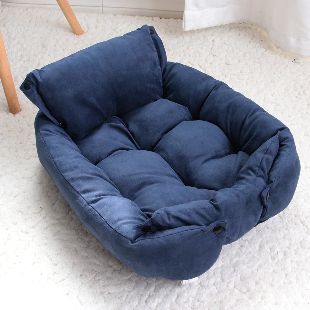 Blue 3 in 1 dog bed mat with removable cover, soft warm pet sofa for dogs and cats, cozy winter sleeping nest