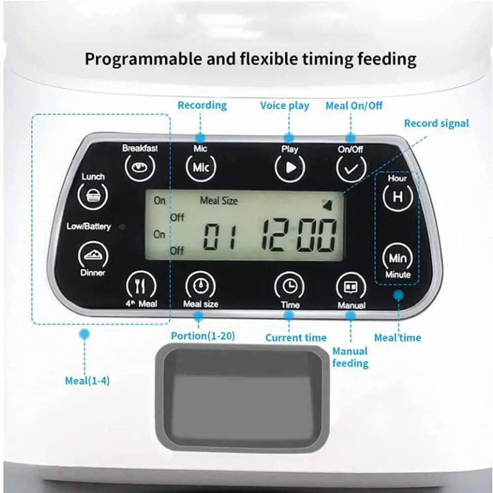 automatic pet feeder with app programmable 4-meal timer, voice recording, LCD control panel, stainless steel bowl