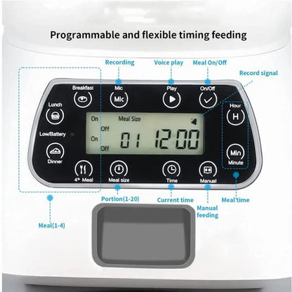 automatic pet feeder with app programmable 4-meal timer, voice recording, LCD control panel, stainless steel bowl