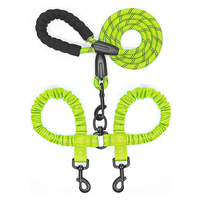 double dog leash coupler with nylon bungee leads and poop bag, pet leash for walking two dogs