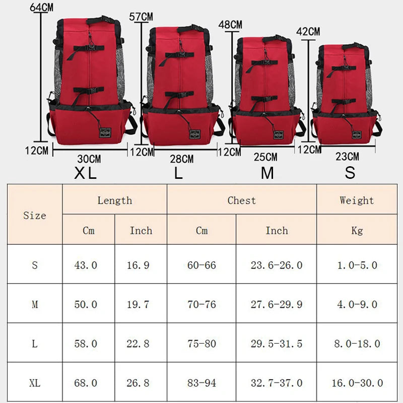 breathable dog backpack carrier size chart for small dogs, red pet backpack carrier sizes S to XL