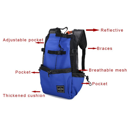Blue breathable dog backpack carrier with reflective details, adjustable pockets, breathable mesh, and thickened cushion for small dogs