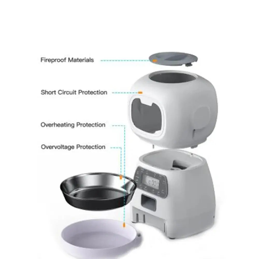 Automatic pet feeder with app, stainless steel bowl, voice timing, and safety protection for dogs and cats