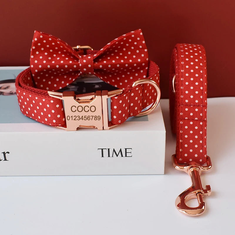 Adjustable red bowtie dog collar with polka dots, rose gold buckle, and matching leash for small dogs and cats
