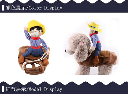 Funny cowboy dog costume with plush rider and hat, shown on a medium-sized poodle.