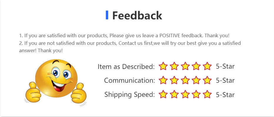Feedback request for positive reviews with smiley face and 5-star ratings for item described, communication, and shipping speed.