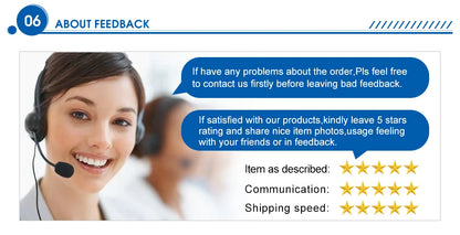 Customer service feedback banner with headset support agent, 5-star rating request, and order issue contact message