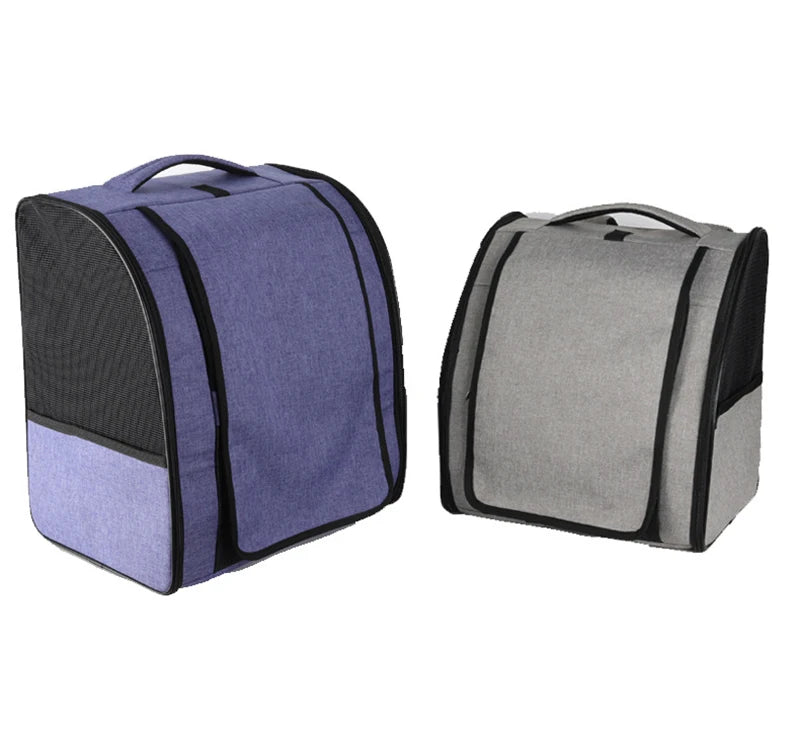 Breathable cat carrier backpack for small cats and dogs, foldable outdoor pet travel backpack in purple and gray