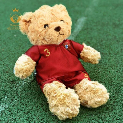plush football player toy teddy bear souvenir in red Pepe jersey, soft PP cotton stuffed plush doll for children