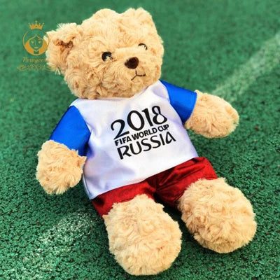 Plush football player toy commemorative bear teddy in 2018 FIFA World Cup Russia shirt, soft souvenir for children