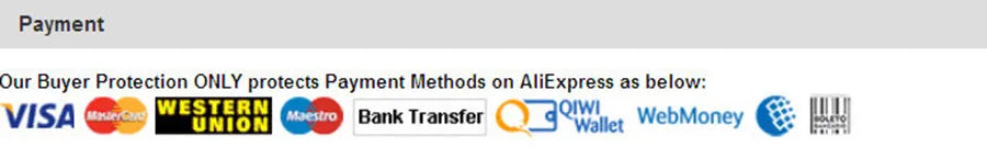 Payment methods accepted on AliExpress including Visa, Western Union, Maestro, Bank Transfer, and more.