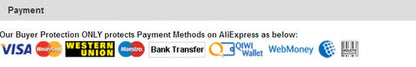 Payment methods accepted on AliExpress including Visa, Western Union, Maestro, Bank Transfer, and more.