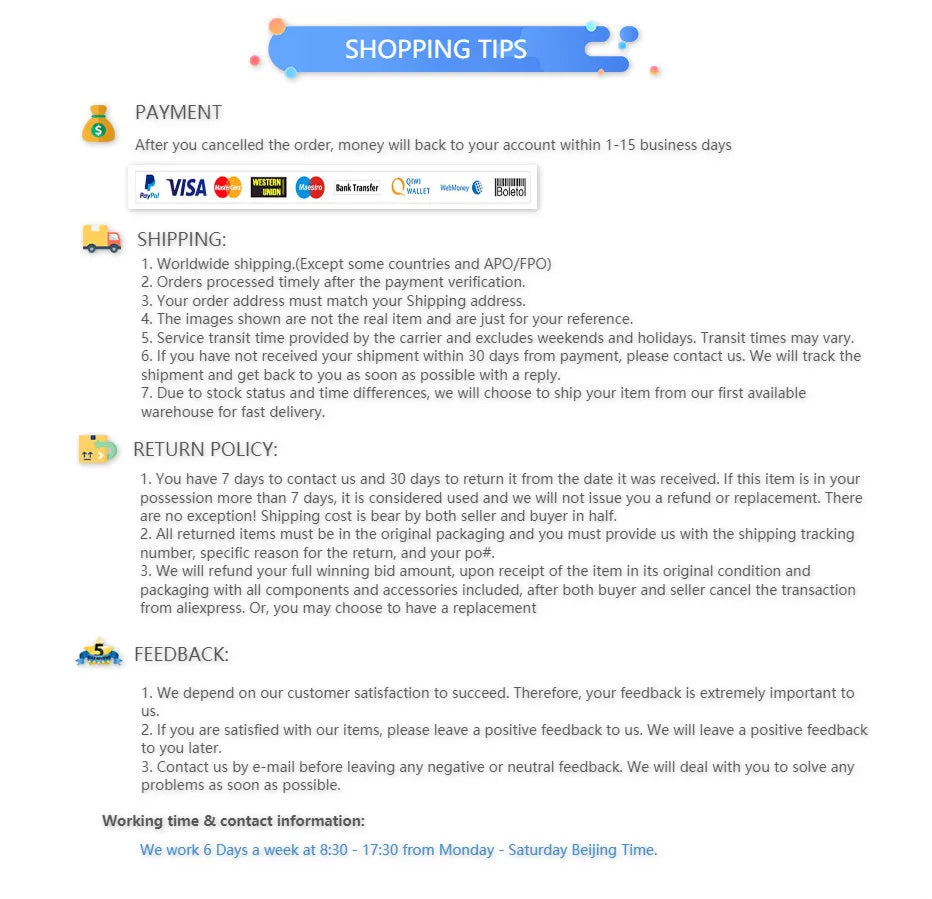 Shopping tips for payments, shipping, returns, and customer feedback for online purchases.