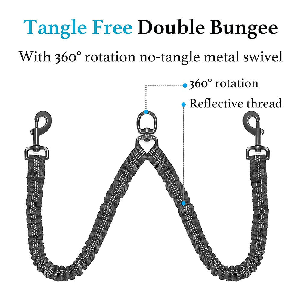 Tangle-free double dog leash coupler with 360° rotation and reflective nylon bungee for walking two dogs