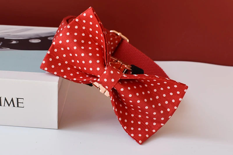 adjustable red bowtie dog collar, red polka dot pet collar with quick release buckle for small dogs and cats