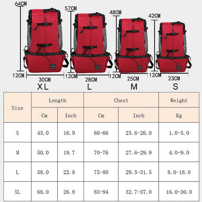 breathable dog backpack carrier size chart for small dogs, red adjustable pet backpack in S, M, L, XL