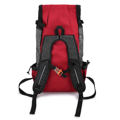 Red breathable dog backpack carrier for small dogs, adjustable pet travel backpack with secure zipper and mesh sides