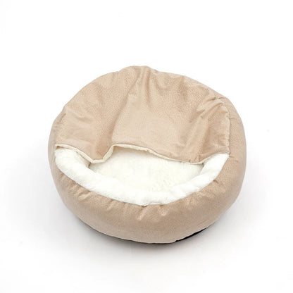 Beige orthopedic waterproof dog bed with hooded blanket, warm dirt resistant pet bed with removable cover for dogs and cats