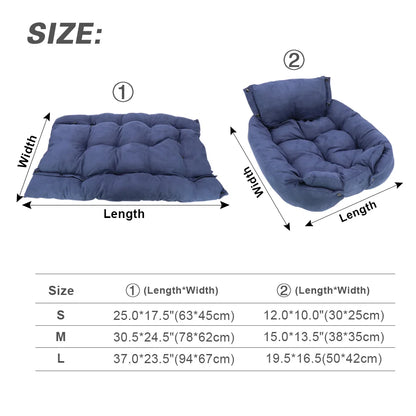3 in 1 dog bed mat size chart showing flat mat and raised pet bed with dimensions for dogs and cats