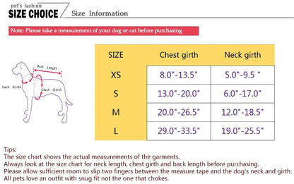 Dog size chart with chest and neck girth measurements for XS to L, pet measurement guide illustration.