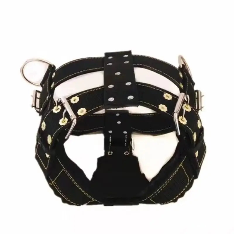Black large dog harness for pit bulls, adjustable nylon padded halter harness with buckle and floral stitching