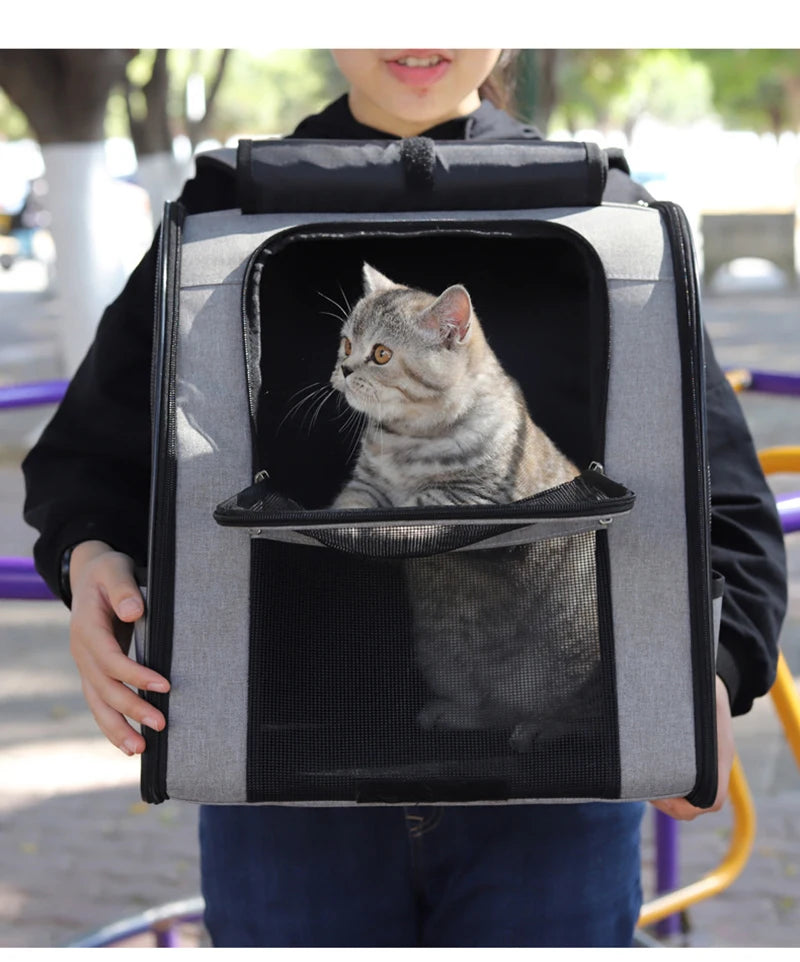 breathable cat carrier backpack for small cats, foldable outdoor pet travel bag with mesh front, gray