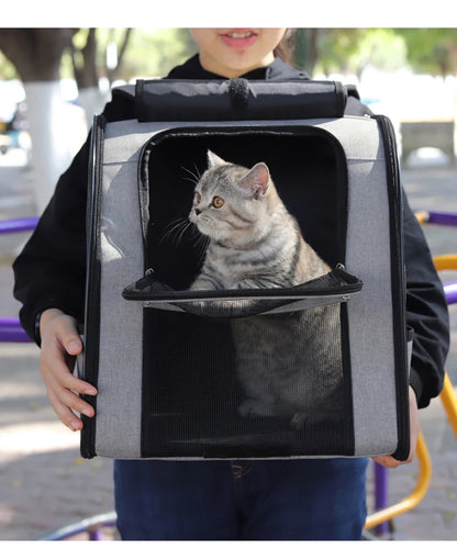 breathable cat carrier backpack for small cats, foldable outdoor pet travel bag with mesh front, gray