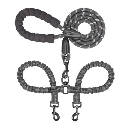 Double dog leash coupler for walking two dogs, nylon bungee twin leads with padded handle and poop bag clip
