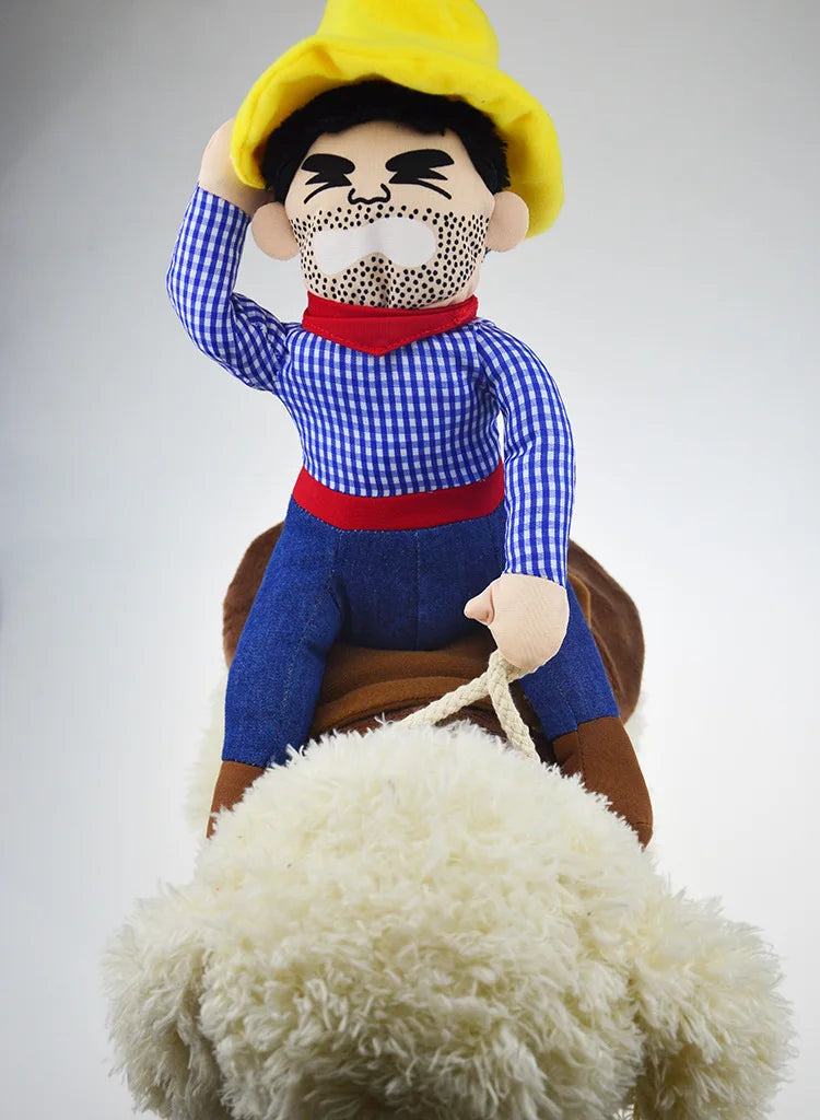 Plush cowboy dog toy with checkered shirt and yellow hat riding a fluffy dog costume.