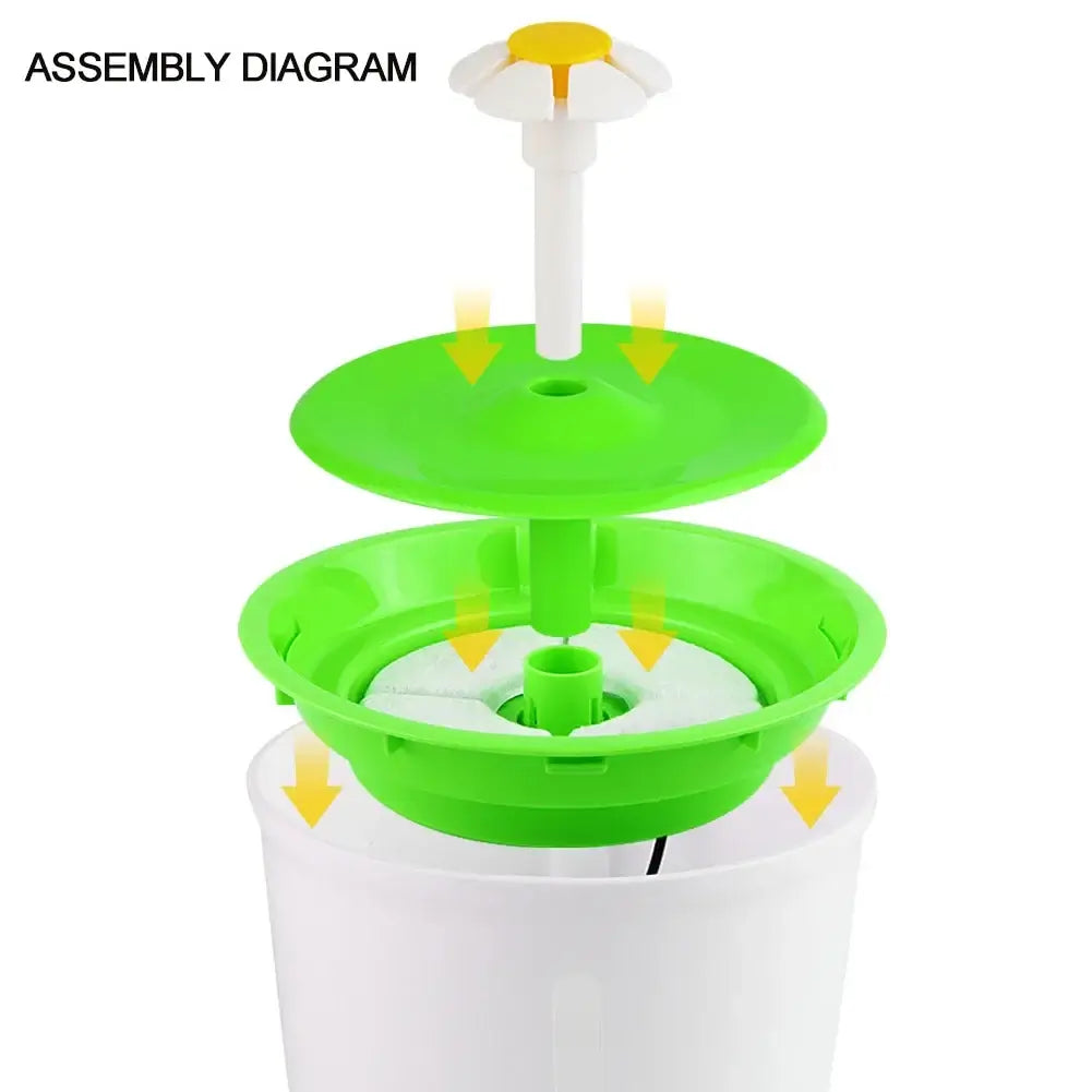automatic cat water fountain assembly diagram showing 1.6L pet water dispenser with layered green plastic parts and top flower outlet