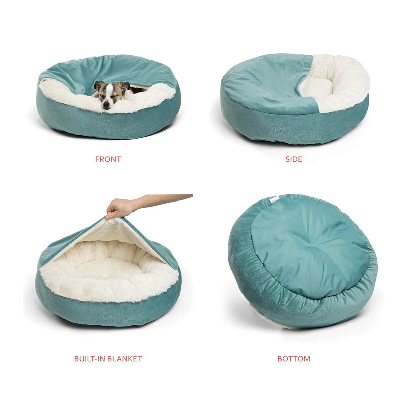 orthopedic waterproof dog bed with hooded blanket cozy round pet bed with built-in blanket, removable cover, and waterproof bottom