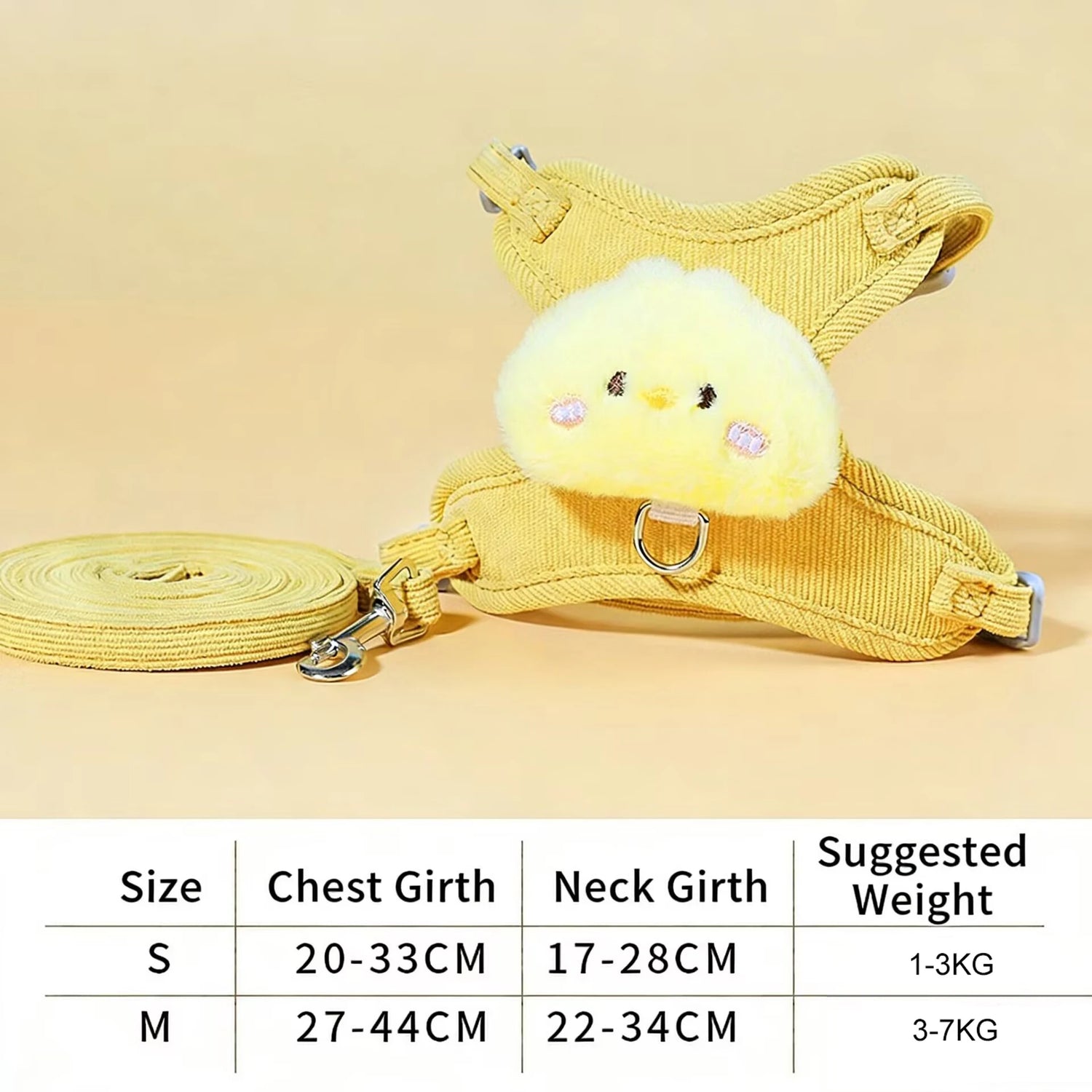 adjustable cat harness leash set in yellow with breakaway breathable cartoon pet harness, size chart for small dogs and cats, color D