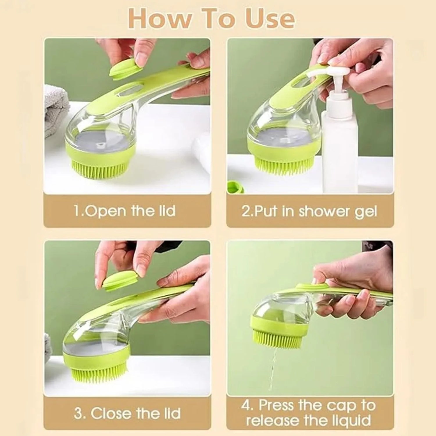 pet bath brush with shampoo dispenser for dogs and cats, soft silicone long handle grooming brush, massage and clean fur