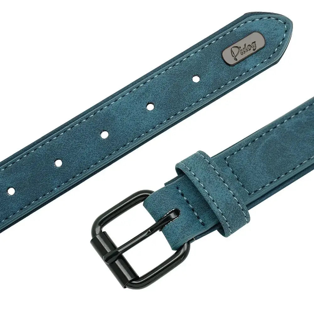 Personalized leather dog collar with custom name tag, blue adjustable buckle collar for small, medium, and large dogs