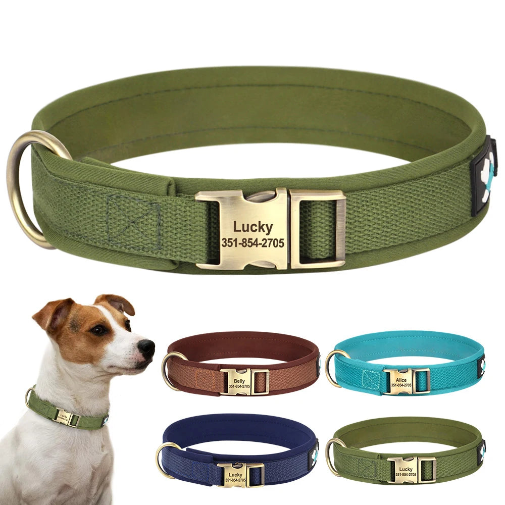 Personalized nylon dog collar with adjustable buckle and free engraving for small, medium, and large dogs