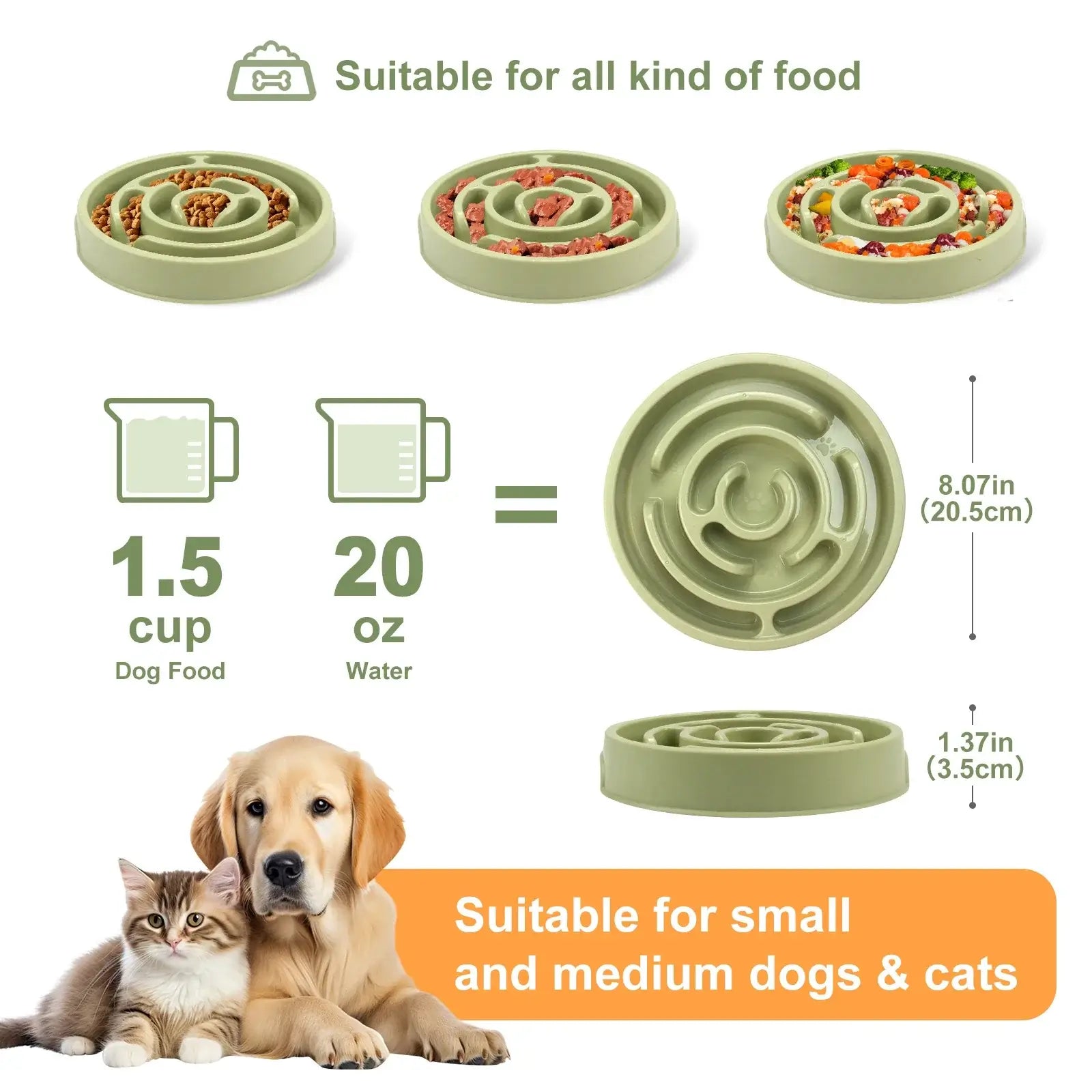 slow feeder dog bowl for small and medium dogs and cats, non-slip anti-gulping maze feeder, 8.07in