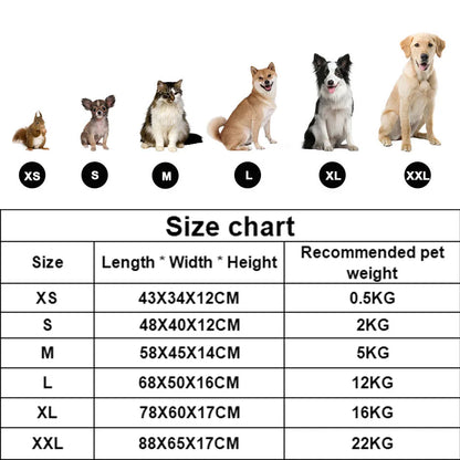 calming dog bed size chart for XS to XXL dogs and cats, showing dimensions and recommended pet weight