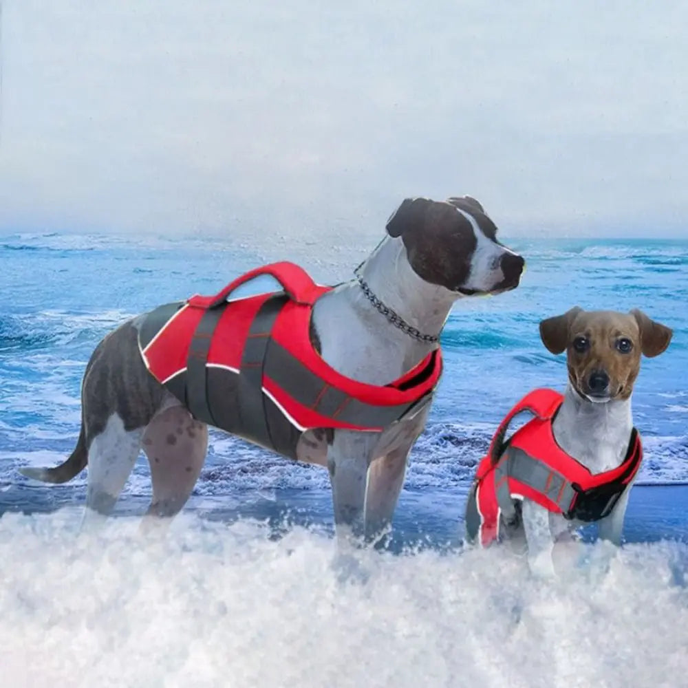 reflective dog life jacket for beach and swimming safety, adjustable breathable buoyant pet vest in red