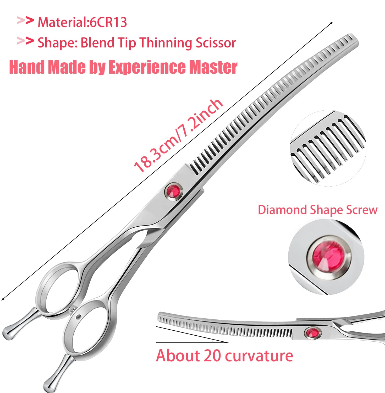 Curved dog grooming thinning scissors with pink diamond screw, 7.2 inch stainless steel.