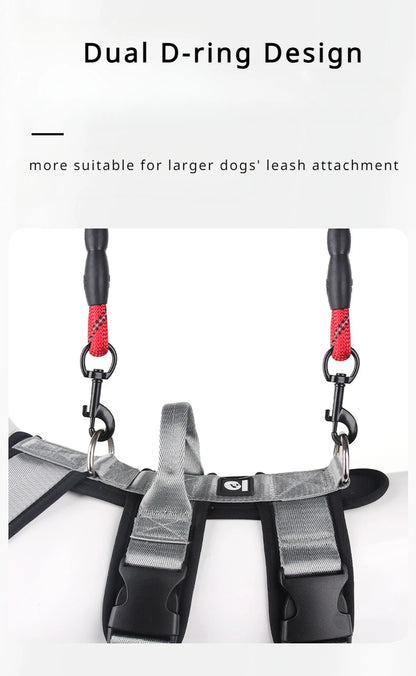 Gray dog harness with dual D-ring leash attachment and adjustable straps for large dogs