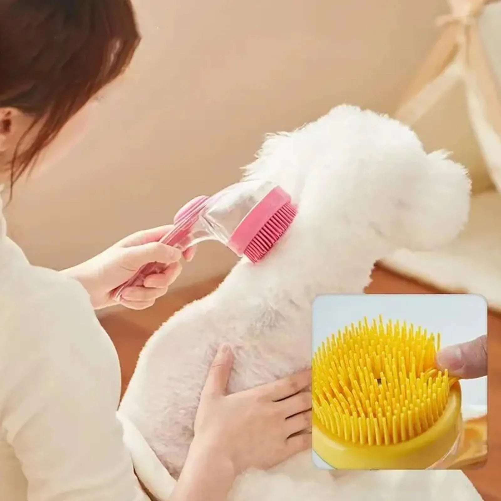 pet bath brush with shampoo dispenser for gentle dog grooming, massage, and fur cleaning
