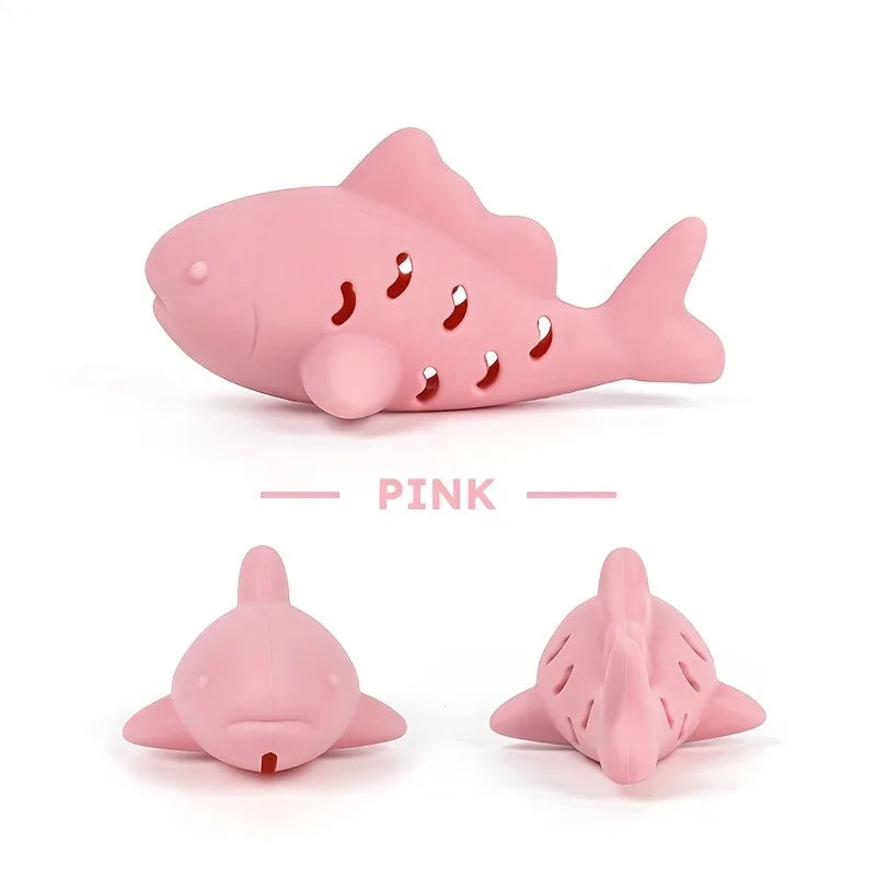 Pink interactive chew toy for small pets, durable silicone bite-resistant fish design for hiding food and grinding teeth.