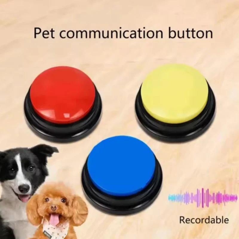 Three colorful dog communication buttons for pets, with two dogs, on a wooden surface.