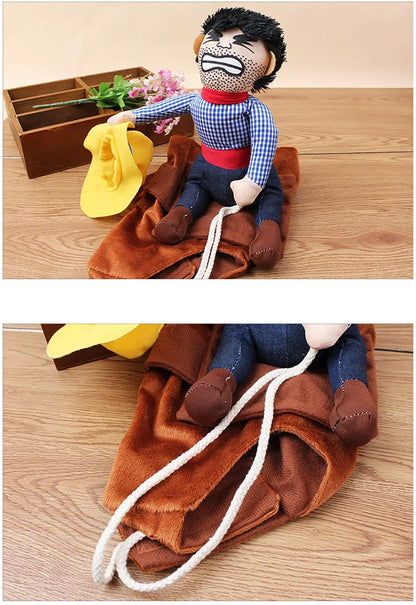 Plush cowboy dog costume with doll rider, rope reins, and removable yellow hat