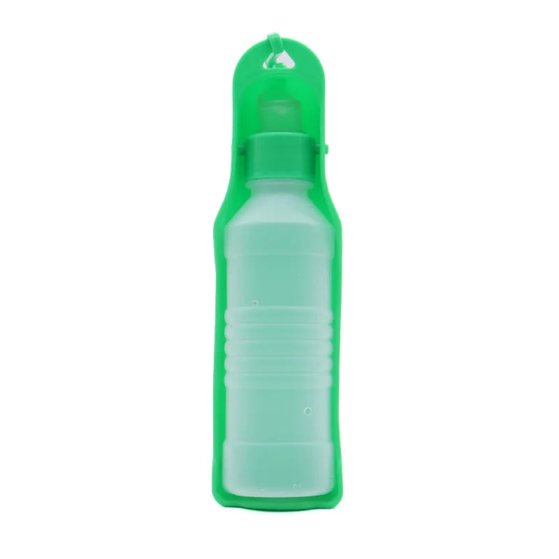 Green portable dog water bottle travel feeder dispenser for dogs and cats, plastic 250ml outdoor drinking bowl