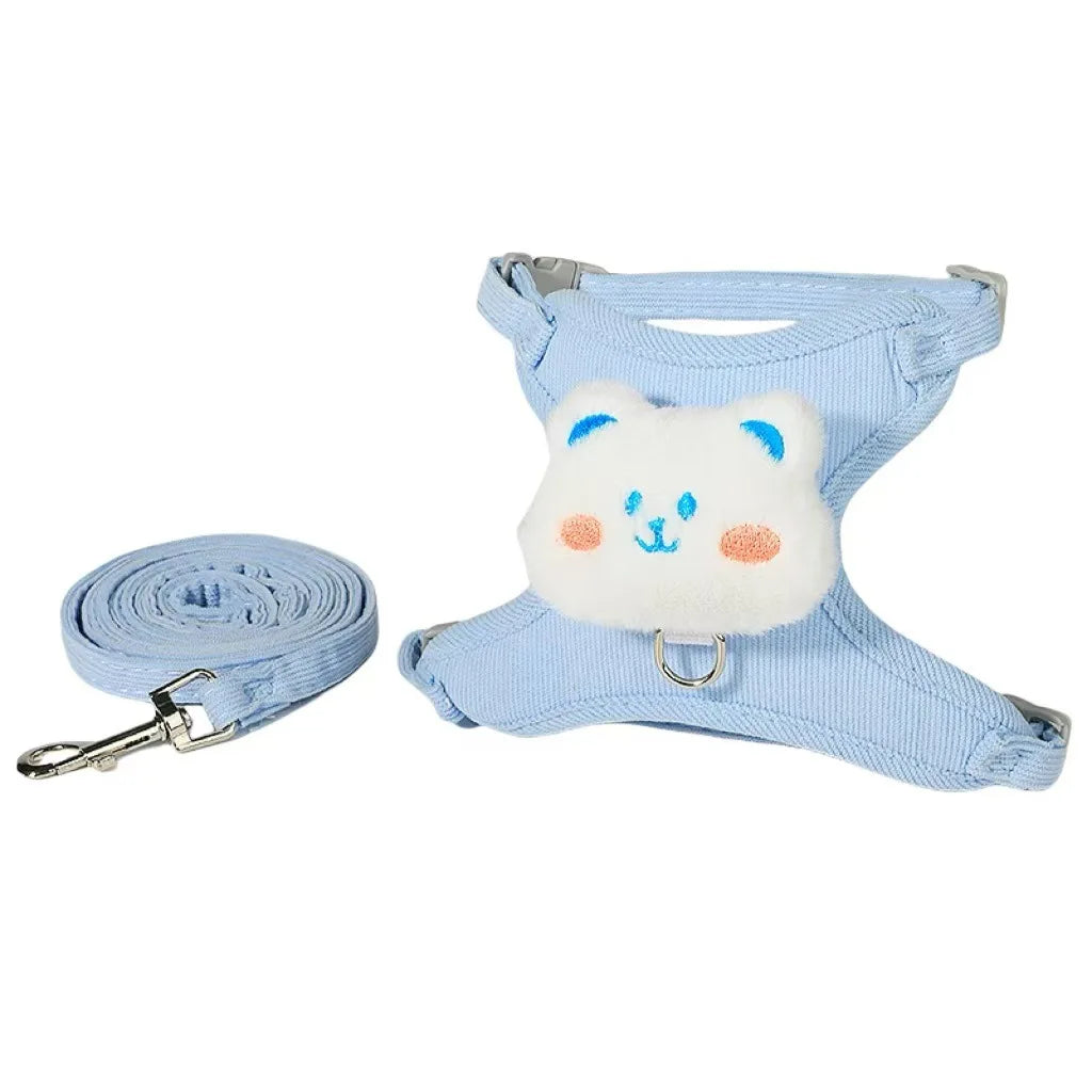 Adjustable cat harness and leash set with cute cartoon bear design, breathable blue pet harness for small dogs and cats.