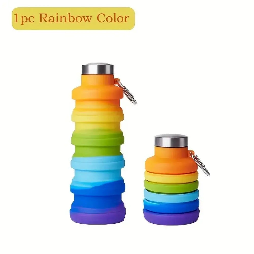 Collapsible water bottle, rainbow color, foldable leak-proof travel bottle with carabiner, 500ml for gym, camping and hiking