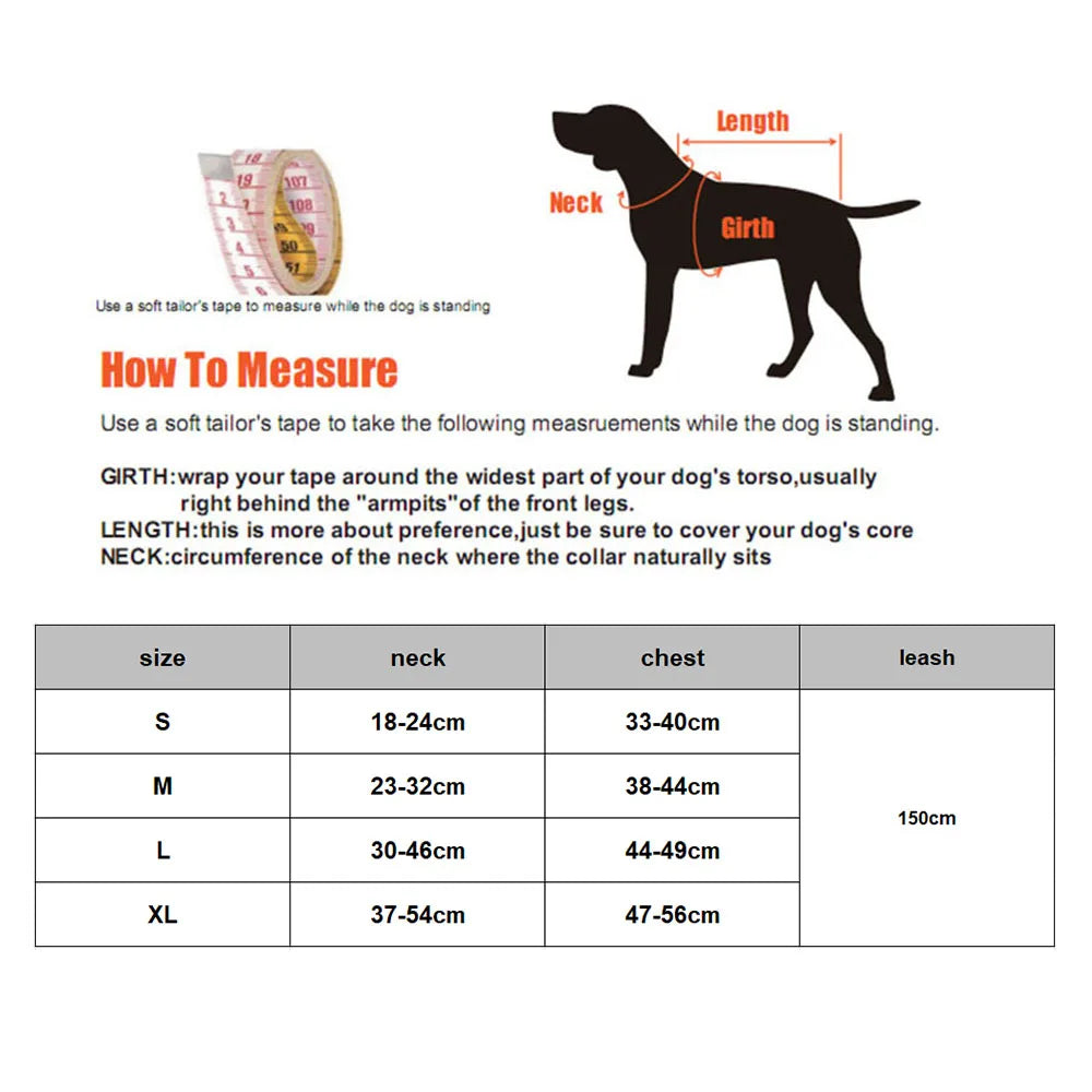 reflective cat harness and leash set size chart showing neck, chest, and leash measurements for small pets