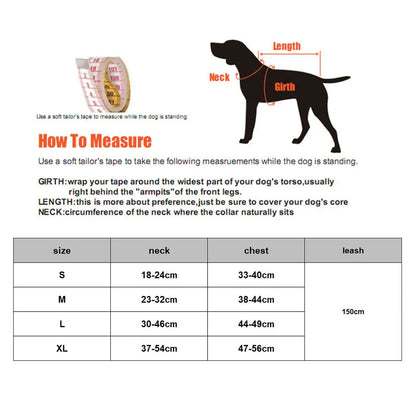 reflective cat harness and leash set size chart showing neck, chest, and leash measurements for small pets