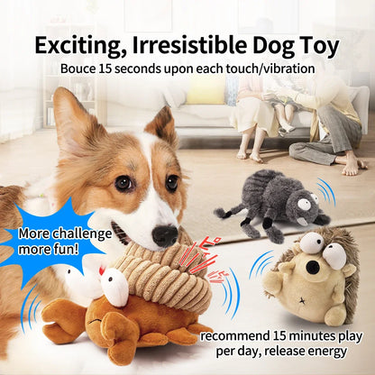 Dog playing with interactive plush toy crab, other animal dog toys and family in background